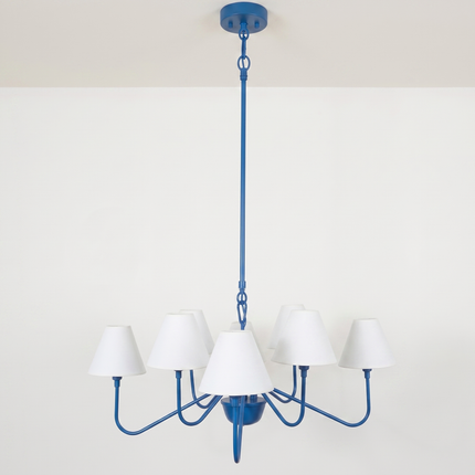 Modern Blue 8 Light Chandelier with White Fabric Shades | Contemporary Ceiling Pendant Light for Dining Room & Living Room