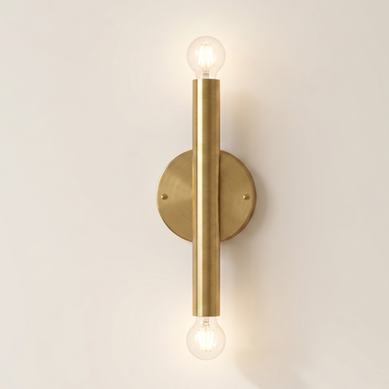 Wall Sconce Gold Double Bulb Lighting Fixture – Minimalist Brass Wall Lamp for Bedroom, Living Room, Hallway, Staircase & Interior Decor.