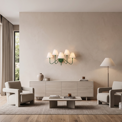 Green 5 Light Wall Sconce, Modern Green Wall Lamp with White Shades, Statement Wall Lighting, Contemporary Bedroom and Living Room Light
