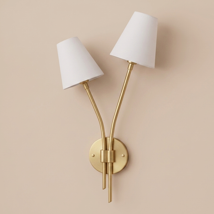 Gold Brass Double Wall Sconce, Elegant 2 Light Wall Lamp with White Shades, Luxury Bedroom Living Room Lighting Fixture Wall Décor for Home