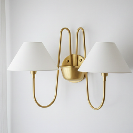 Wall Light Brushed Brass Double Arm Designer Sconce, Mid Century Modern Luxury Wall Fixture with White Linen Shades for Interiors