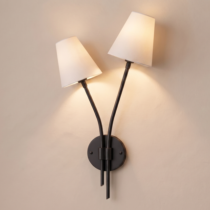 Matte Black 2 Light Wall Sconce, Double Arm Wall Lamp with White Fabric Shades, Modern Bedroom Lighting Contemporary Wall Light Elegant Home