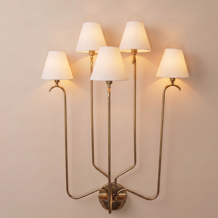 Wall Light Brass antique Multi Light Fixture, Five Arm Wall Lamp with White Fabric Shades, Elegant Nordic Lighting for Living Room & Hallway
