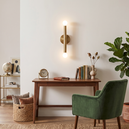 Wall Sconce Gold Double Bulb Lighting Fixture – Minimalist Brass Wall Lamp for Bedroom, Living Room, Hallway, Staircase & Interior Decor.