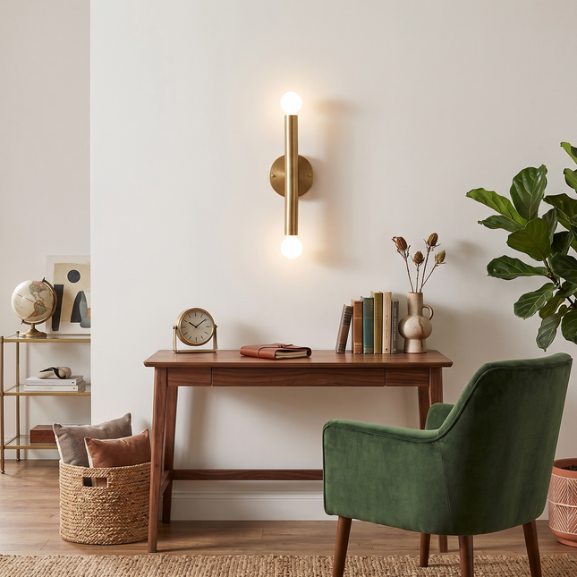 Wall Sconce Gold Double Bulb Lighting Fixture – Minimalist Brass Wall Lamp for Bedroom, Living Room, Hallway, Staircase & Interior Decor.