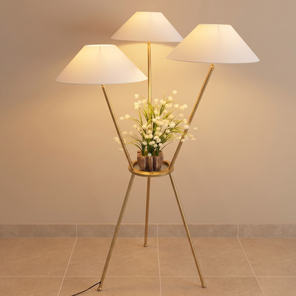 Floor Lamp Gold Tripod with Built-In Plant Stand, Luxury Modern Standing Light, Three Shade Floor Lamp for Living Room, Bedroom,Home Decor