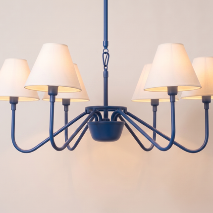 Modern Blue 8 Light Chandelier with White Fabric Shades | Contemporary Ceiling Pendant Light for Dining Room & Living Room