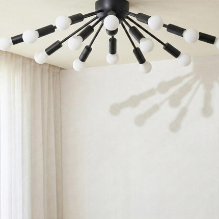 Modern Matte Black Sputnik Chandelier with Exposed Globe Bulbs | Mid Century Ceiling Light Fixture for Living Room & Dining Room