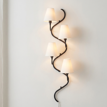 Vertical Black Wall Sconce 5 Light Fixture, Modern Curved Wall Lamp for Staircase, Hallway & Living Room