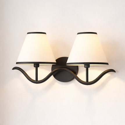 Wall Sconce Modern Curved Arm Double , Black Wall Lamp with White Shades, Bedside Reading Light, Living Room and Entryway Decor