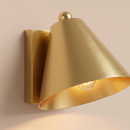 Gold Brass Wall Sconce, Modern Cone Wall Lamp, Mid Century Bedroom Light, Handmade Metal Wall Light, Bedside Light cone-shaped metal shade.