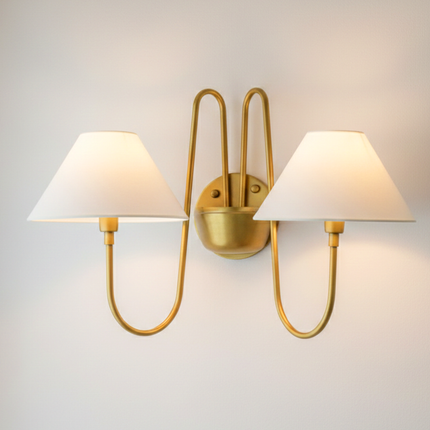 Wall Light Brushed Brass Double Arm Designer Sconce, Mid Century Modern Luxury Wall Fixture with White Linen Shades for Interiors
