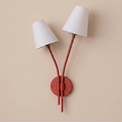 Wall Light Matte Red Designer Double Arm Sconce, Scandinavian Modern Wall Fixture with Elegant Cone Shades for Luxury Interior Styling