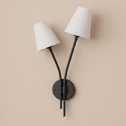Matte Black 2 Light Wall Sconce, Double Arm Wall Lamp with White Fabric Shades, Modern Bedroom Lighting Contemporary Wall Light Elegant Home