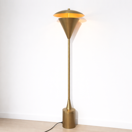 Floor Lamp in Brass Gold Color Modern Scandinavian Lamp with Floating Disc Shade and Warm Ambient Lighting for Luxury Living Room Decor