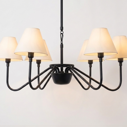 Matte Black Light Chandelier with White Linen Shades | Modern Ceiling Hanging Light Fixture for Dining Room & Kitchen Island