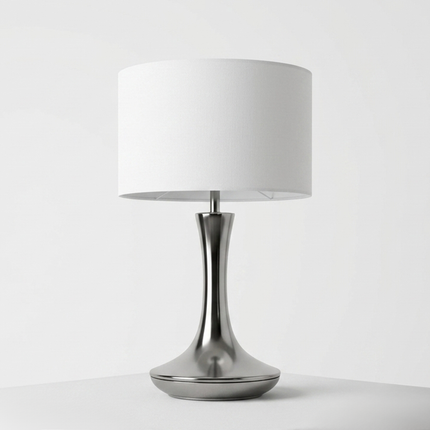 Table Lamp – Modern Metallic Silver Tulip Base Table Lamp with Large Fabric Drum Shade | Sophisticated Contemporary Interior Lighting
