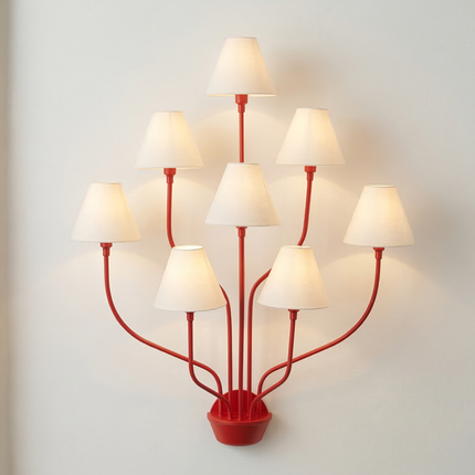Wall Light – Bold Modern Red 8-Light Designer Wall Sconce with White Fabric Lampshades. Statement Wall Lighting Fixture for Luxury Interiors