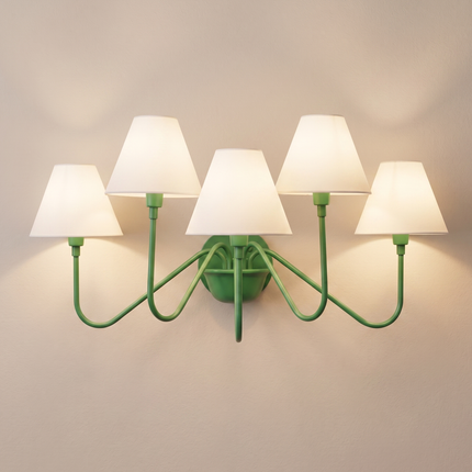 Green 5 Light Wall Sconce, Modern Green Wall Lamp with White Shades, Statement Wall Lighting, Contemporary Bedroom and Living Room Light