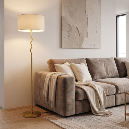 Floor Lamp Modern Gold brass White Drum Shade Wavy Stem Standing Lamp, Contemporary Living Room Floor Light, Bedroom Corner Floor Lamp Decor