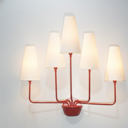 Wall Light – Modern Red 5-Light Minimalist Wall Sconce with Tall White Fabric Shades | Lighting Fixture for Living Room Bedroom Hallway