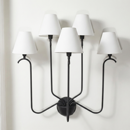 Wall Light Modern Matte Black Five Arm Fixture, Luxury Multi Shade Wall Lamp with Elegant White Fabric Shades for Living Room & Bedroom