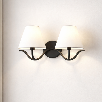 Wall Sconce with Modern Black Double White Fabric Shades, Bedroom Bedside Wall Lamp, Living Room, Hallway, Bathroom Vanity Light Fixture