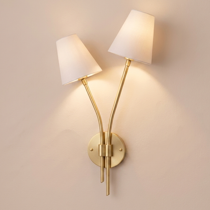 Gold Brass Double Wall Sconce, Elegant 2 Light Wall Lamp with White Shades, Luxury Bedroom Living Room Lighting Fixture Wall Décor for Home