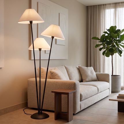 Floor Lamp with Matte Black 3-Light with White Cone Shades, Contemporary Standing Lamp for Living Room, Bedroom, Reading Nook & Lounge Decor