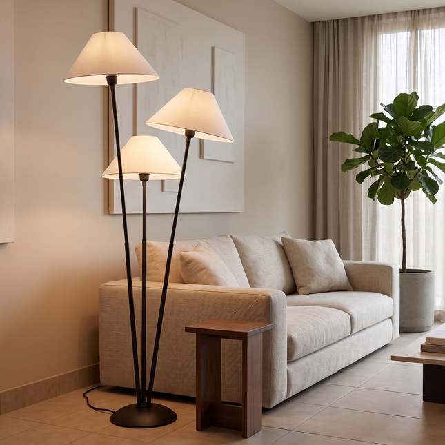 Floor Lamp with Matte Black 3-Light with White Cone Shades, Contemporary Standing Lamp for Living Room, Bedroom, Reading Nook & Lounge Decor