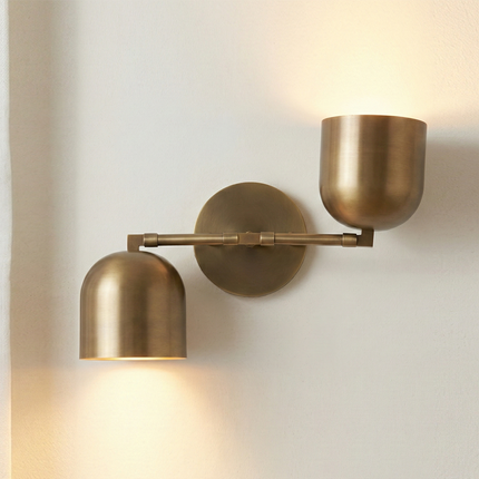 Wall Light Contemporary Gold Brass Pivot Arm Sconce, Minimalist Dual Metal Shade Wall Lamp for Elegant Modern Interior Design