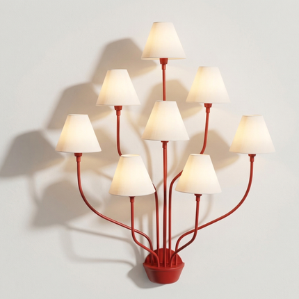 Wall Light – Bold Modern Red 8-Light Designer Wall Sconce with White Fabric Lampshades. Statement Wall Lighting Fixture for Luxury Interiors