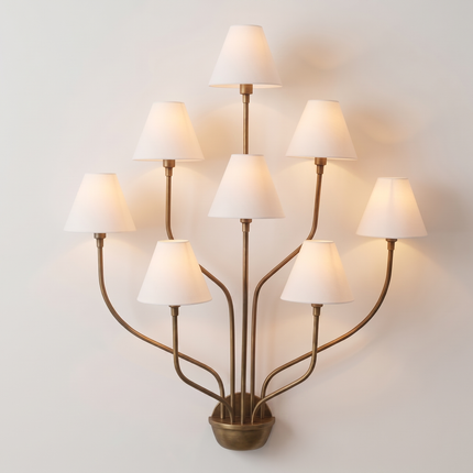 Wall Light – Luxury Antique Brass 8-Light Wall Sconce with White Fabric Shades | Wall Lighting Fixture for Living Room Bedroom Hallway Decor