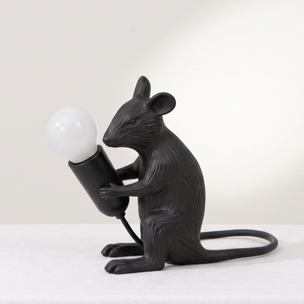 Table Lamp – Artistic Black Mouse Table Lamp Holding Exposed Bulb | Unique Animal Sculptural Accent Lighting for Modern Home Decor