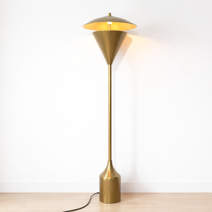 Floor Lamp in Brass Gold Color Modern Scandinavian Lamp with Floating Disc Shade and Warm Ambient Lighting for Luxury Living Room Decor