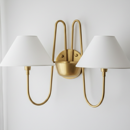 Wall Light Brushed Brass Double Arm Designer Sconce, Mid Century Modern Luxury Wall Fixture with White Linen Shades for Interiors
