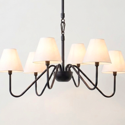 Matte Black Light Chandelier with White Linen Shades | Modern Ceiling Hanging Light Fixture for Dining Room & Kitchen Island
