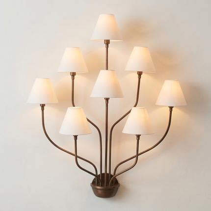 Wall Light – Luxury Antique Brass 8-Light Wall Sconce with White Fabric Shades | Wall Lighting Fixture for Living Room Bedroom Hallway Decor