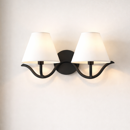 Wall Sconce with Modern Black Double White Fabric Shades, Bedroom Bedside Wall Lamp, Living Room, Hallway, Bathroom Vanity Light Fixture