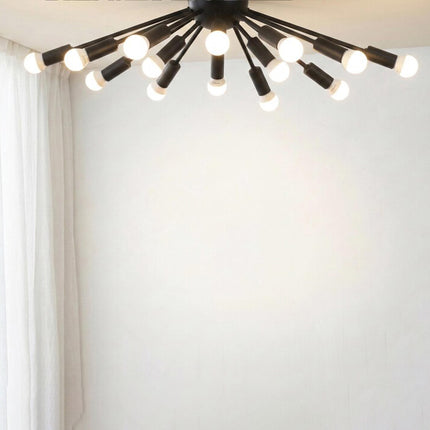 Modern Matte Black Sputnik Chandelier with Exposed Globe Bulbs | Mid Century Ceiling Light Fixture for Living Room & Dining Room