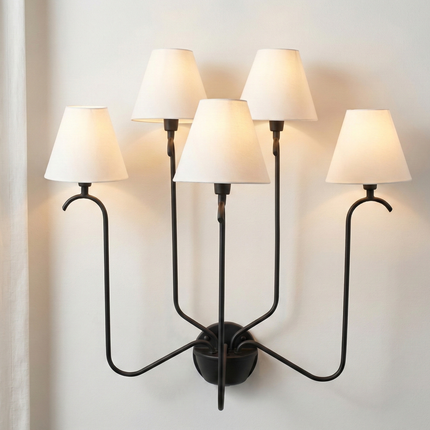 Wall Light Modern Matte Black Five Arm Fixture, Luxury Multi Shade Wall Lamp with Elegant White Fabric Shades for Living Room & Bedroom