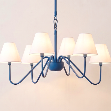 Modern Blue 8 Light Chandelier with White Fabric Shades | Contemporary Ceiling Pendant Light for Dining Room & Living Room