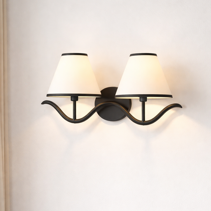 Wall Sconce Modern Curved Arm Double , Black Wall Lamp with White Shades, Bedside Reading Light, Living Room and Entryway Decor