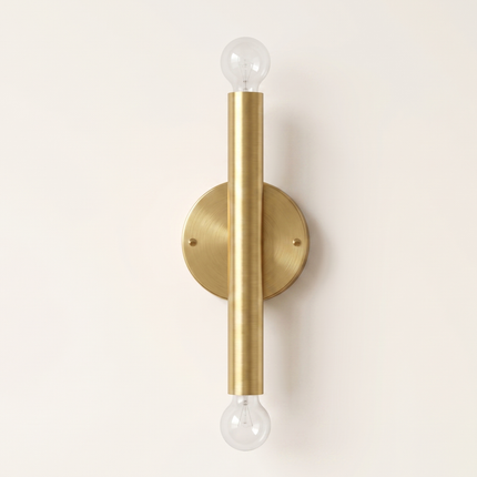 Wall Sconce Gold Double Bulb Lighting Fixture – Minimalist Brass Wall Lamp for Bedroom, Living Room, Hallway, Staircase & Interior Decor.
