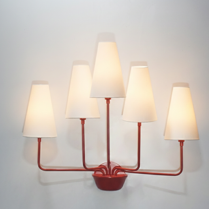 Wall Light – Modern Red 5-Light Minimalist Wall Sconce with Tall White Fabric Shades | Lighting Fixture for Living Room Bedroom Hallway