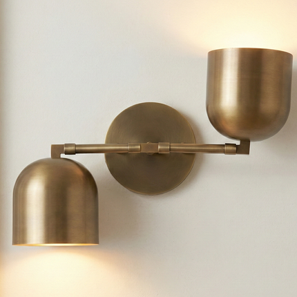 Wall Light Contemporary Gold Brass Pivot Arm Sconce, Minimalist Dual Metal Shade Wall Lamp for Elegant Modern Interior Design