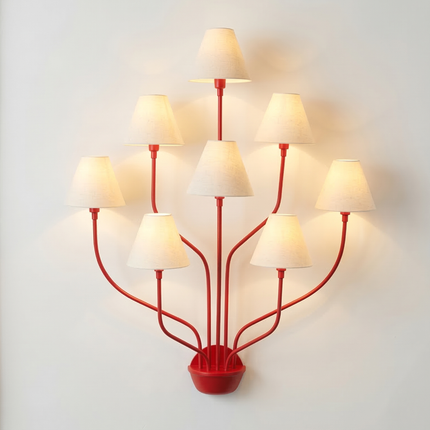Wall Light – Bold Modern Red 8-Light Designer Wall Sconce with White Fabric Lampshades. Statement Wall Lighting Fixture for Luxury Interiors