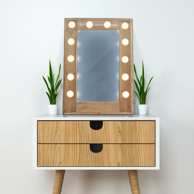 Makeup Vanity Mirror with LED Light Bulbs Wooden Frame for Bedroom Dressing Table Salon Beauty Studio Modern Decorative Mirror Lamp