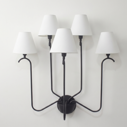 Wall Light Modern Matte Black Five Arm Fixture, Luxury Multi Shade Wall Lamp with Elegant White Fabric Shades for Living Room & Bedroom