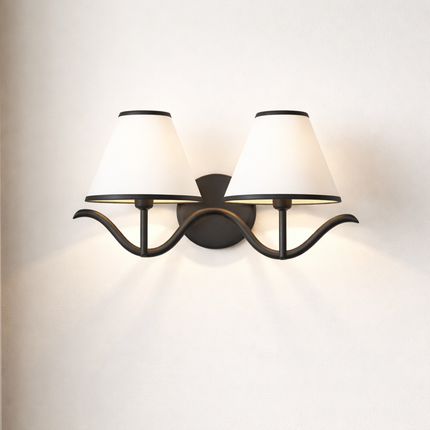 Wall Sconce Modern Curved Arm Double , Black Wall Lamp with White Shades, Bedside Reading Light, Living Room and Entryway Decor